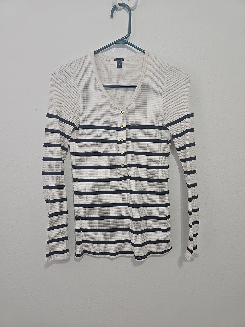 J. Crew White Long-Sleeve Waffle Henley‎ with Black Stripes